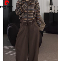 皮尔·卡丹 皮尔卡丹（pierre cardin）巨好看的两件套秋装女2026新款咖色撞色针织上衣同色休闲裤两件套