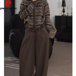 皮尔·卡丹 皮尔卡丹（pierre cardin）巨好看的两件套秋装女2026新款咖色撞色针织上衣同色休闲裤两件套