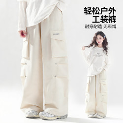 贝贝•王国 2026新款夏季中大女童宽松户外工装运动休闲时髦长裤 米杏 120