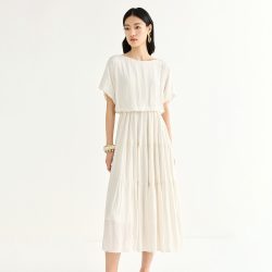 LILY 2026夏新款复古简约宽松休闲通勤收腰纯色短袖连衣裙女蛋糕裙