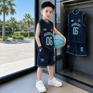 猴兄仔 男童夏装无袖套装2026新款中大童夏季男孩薄款背心儿童运动篮球服 藏青色 140 【建议身高1