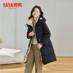 鸭鸭羽绒服 女2024冬新品中长款连帽纯色韩版休闲加厚外套潮