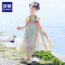 罗蒙 女童汉服夏季款2026款儿童中国风原创齐胸襦裙唐装毕业演出服 HQ1200 锦缎绿襦裙 130