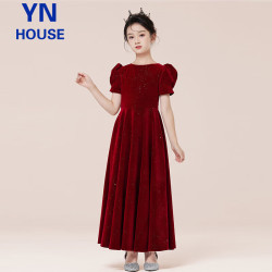 衣诺坊 儿童礼服长裙酒红色六一演出服公主裙 酒红泡泡袖 160码