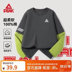 匹克 童装儿童秋季纯棉长袖T恤男童透气运动上衣女童撞色百搭打底衫潮 铁灰/PK标白硅胶K+PK数字白右袖K 140
