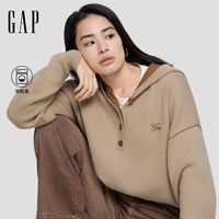 Gap 女装 logo纽扣半开襟连帽针织衫