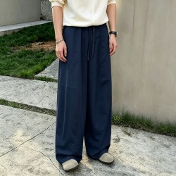月伊纺 松紧腰抽绳阔腿裤男夏季新款宽松直筒休闲裤青年莱赛尔亚麻裤长裤