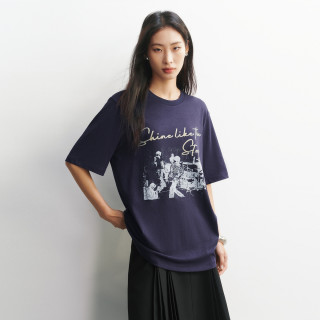 太平鸟 摩登酷飒摇滚风图案短袖T恤26春夏新款女士仿麻感宽松上衣