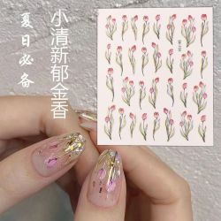 网红新款郁金香美甲贴纸冰透小清新少女花朵3D花卉防水指甲贴花
