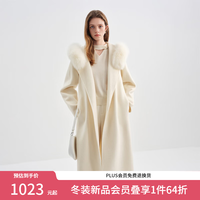 范思蓝恩 狐狸毛领连帽 双面羊毛呢大衣 奶白色 XXS