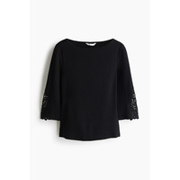 H&M HM女装T恤蕾丝拼接一字领镶嵌精致直裁内搭打底七分袖上衣1367089