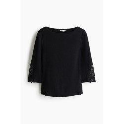 H&M HM女装T恤蕾丝拼接一字领镶嵌精致直裁内搭打底七分袖上衣1367089