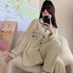 长袖睡衣女春秋季甜美休闲开衫新款简约宽松格子可外穿家居服套装