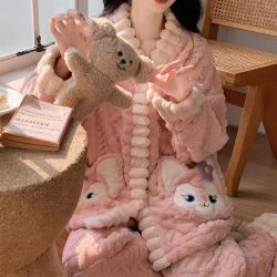 睡衣女秋冬季珊瑚绒加绒加厚法兰绒可爱女士可外穿家居服套装冬天