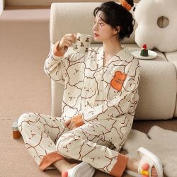睡衣女春秋纯棉长裤长袖开衫和服套装宽松加大码胖MM可外穿家居服