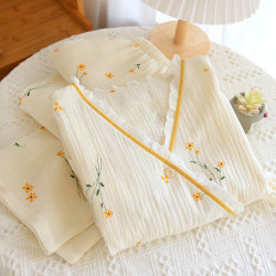 睡衣女汉服花边绉布斜襟小花长袖长裤家居服套装