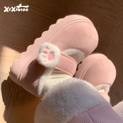 细细条 冬季新款创意猫爪魔术贴棉鞋女外穿舒适加绒保暖豆豆鞋ins