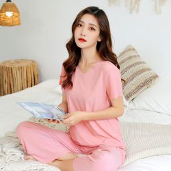 夏季冰丝睡衣女大码胖mm宽松睡衣夏天女士短袖两件套家居服套装