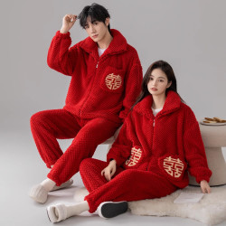 乐姿梦 情侣睡衣结婚新婚秋冬季女红色珊瑚绒加厚加绒法兰绒男套装