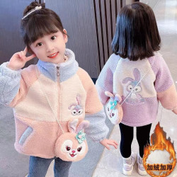 女童星黛露加厚毛毛衣新品秋冬款保暖外套女宝宝卡通拼色0552上衣