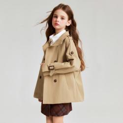 ELLE kids 女童法式经典双排扣短款风衣英伦学院复古风翻领落肩休闲百搭外套