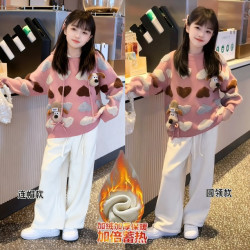 女童秋冬套装新款加厚可爱立体小狗慵懒风毛衣儿童阔腿裤套装