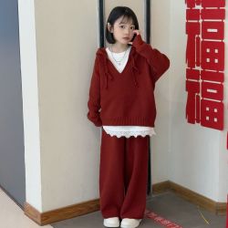 韩系新款慵懒风套装女童宽松连帽针织衫气质穿搭垂感阔腿裤两件套