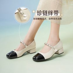 百思图 夏秋季新款时髦百搭法式小香风玛丽珍鞋粗跟女单鞋W1227BQ5