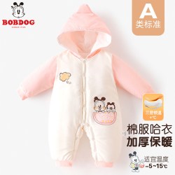 巴布豆 婴儿衣服秋冬装女宝宝连体衣婴幼儿棉服超萌冬季加厚夹棉连帽爬服