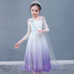 妞宝 跨境冰雪奇缘爱莎公主裙儿童礼服派对服装紫色连衣裙拖地披纱渐变