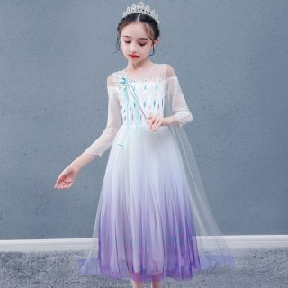 妞宝 跨境冰雪奇缘爱莎公主裙儿童礼服派对服装紫色连衣裙拖地披纱渐变