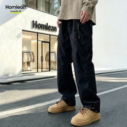 Homlean 美式复古工装裤男秋季潮牌直筒冲锋阔腿休闲长裤子HF01黑色3XL