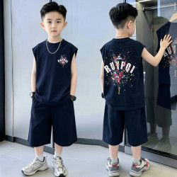 开米熊 男童套装2026夏装新款儿童男孩洋帅气休闲背心短裤子两件套衣服潮 藏青色 140 码建议身高1