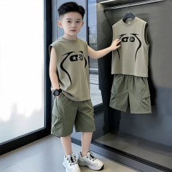 开米熊 男童夏装背心套装2026新款中大儿童装薄款夏季短裤男孩两件套衣服 军绿色 130 码建议身高1