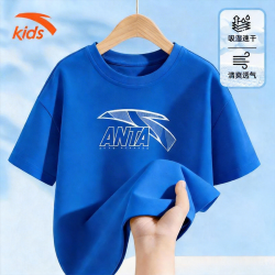 安踏 儿童清爽速干短袖t恤夏季新款男女孩大童青少年针织棉感运动衣服 蓝色  165 cm