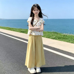 童话课堂 女童夏装套装2026新款儿童洋气夏季大童女孩短袖t恤阔腿裤两件