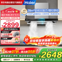 海尔 抽油烟机新欧式顶吸28立方大吸力挥手智控高频自清洁烟机燃气灶 5.2KW聚能灶套装