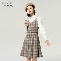 百亿补贴：爱居兔 秋女装裙子格纹面料双肩带设计腰带收腰显瘦吊带连衣裙