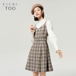 爱居兔 秋女装裙子格纹面料双肩带设计腰带收腰显瘦吊带连衣裙