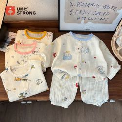 优壮 儿童棉纱家居服套装纯棉男女童卡通睡衣空调服宝宝七分袖长裤