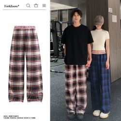 YORK ZOOM 夏季vintage美式休闲格子裤阔腿宽松垂感磨毛拖地裤显瘦