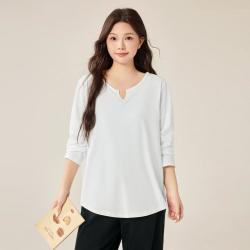 慕姗诗怡 大码女装2026新款秋装极简主义T恤通勤V领百搭正肩长袖T恤