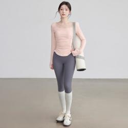 佑游 瑜伽服秋冬女固定杯褶皱长袖高级感减龄提臀长裤普拉提健身套装