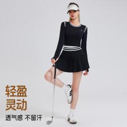 范斯蒂克 网球风套装灵动短上衣活力假两件百褶裙复古撞色长袖跑步运动服女