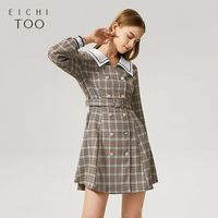 百亿补贴：爱居兔 长袖连衣裙女春田园格纹撞色翻领时尚连衣裙裙子女