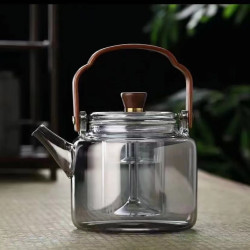烟灰色四代提梁壶玻璃盖玻璃蒸煮一体双内胆提梁壶茶道配件烧水壶
