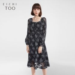 爱居兔 连衣裙女春季新款满印碎花时尚优雅方领长袖连衣裙裙子女