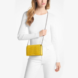 MICHAEL KORS JET SET系列编织纹斜挎包中号 黄色/白色 轻奢礼物