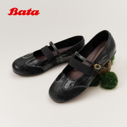 Bata 乐谱牛羊皮玛丽珍鞋女2026秋季超软单鞋 黑色