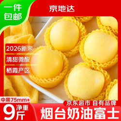 京地达 烟台栖霞黄金奶油富士苹果净重9斤中果75mm+京东自营新鲜水果包邮